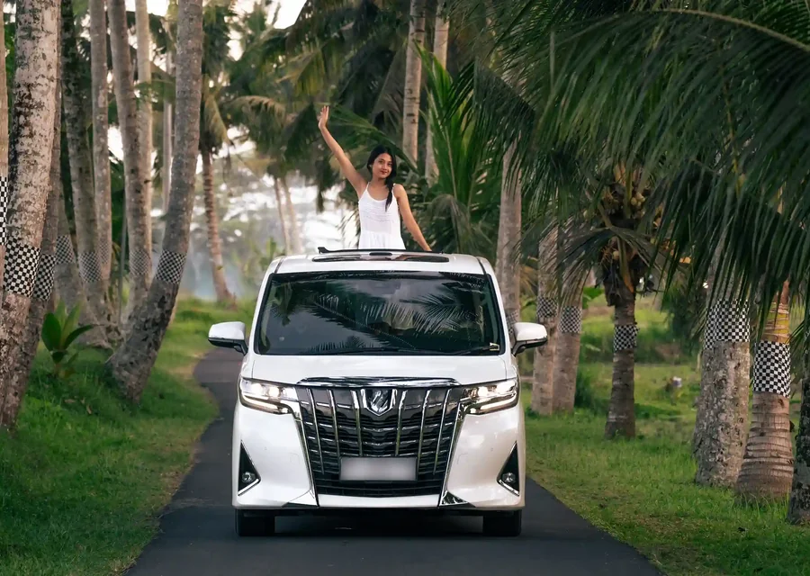 Private executive vehicle on a palm-lined road in Bali