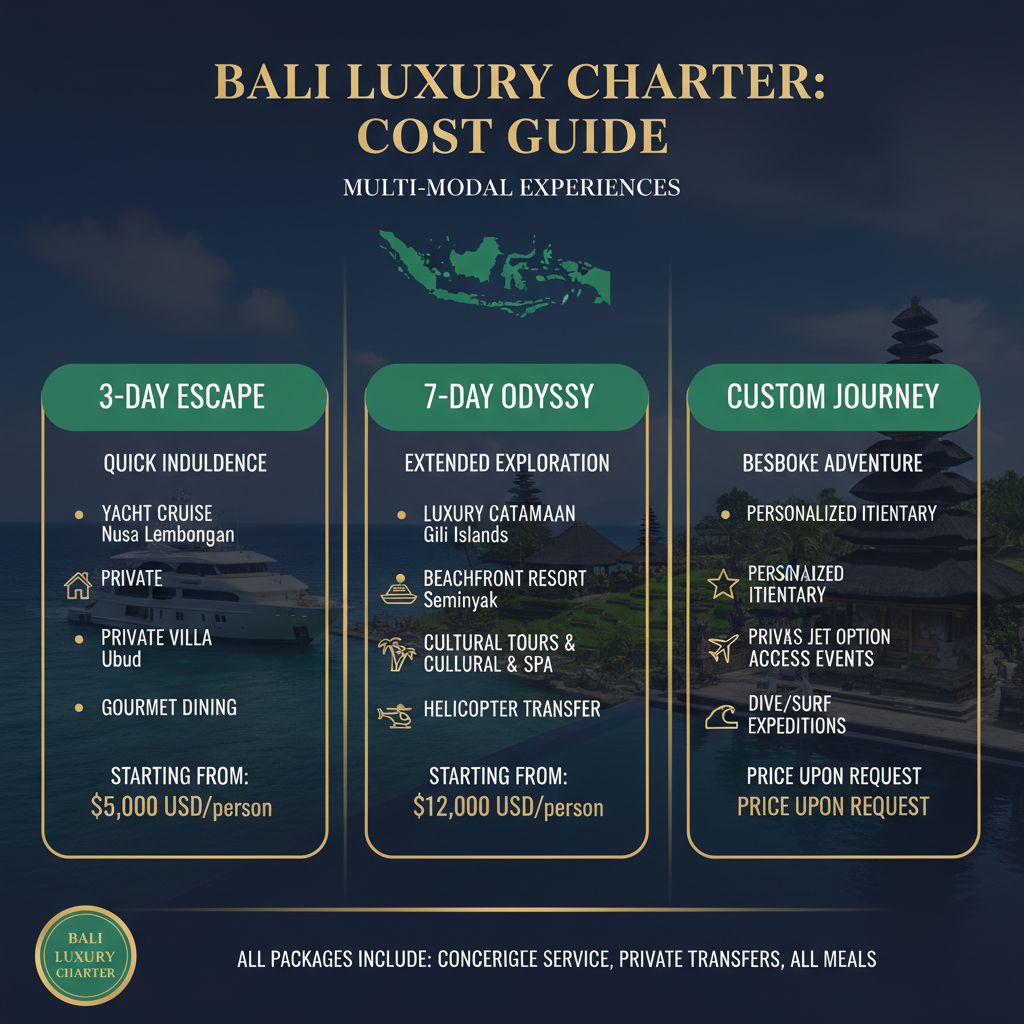This infographic presents Bali luxury charter packages: yacht cruises, private villas, and multi-modal experiences.