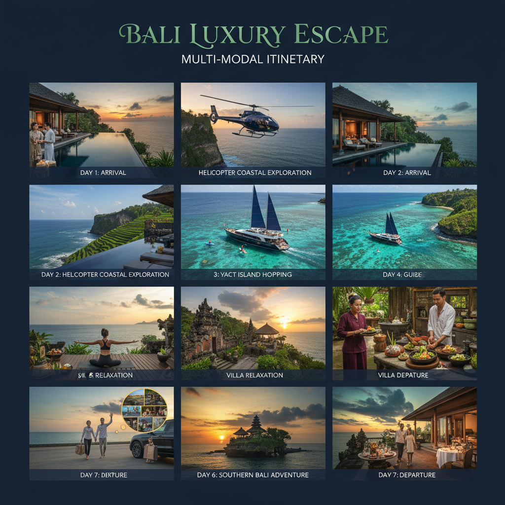 Comprehensive Bali luxury charter itinerary featuring helicopter tours, yacht excursions, and exclusive villa experiences.