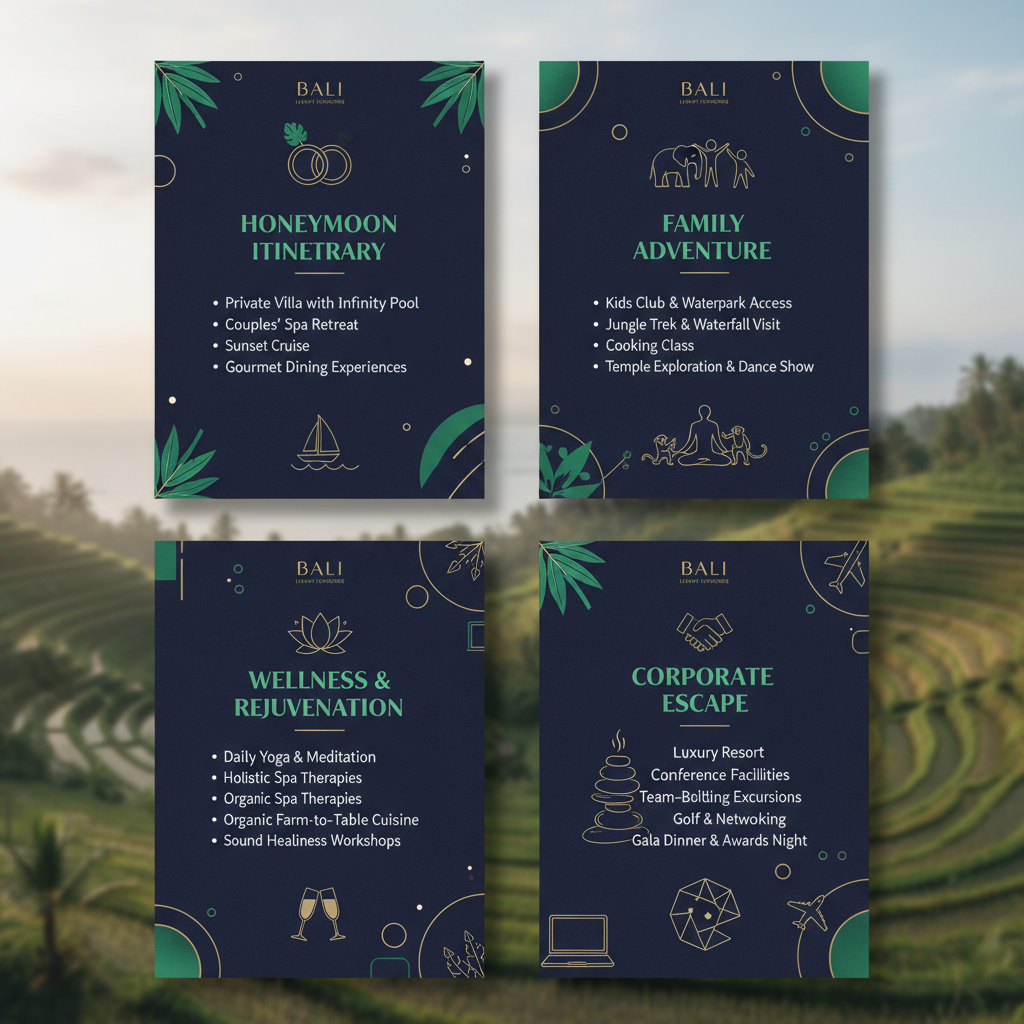 Four cards displaying diverse Bali luxury itineraries: honeymoon, family adventure, wellness, and corporate escapes.