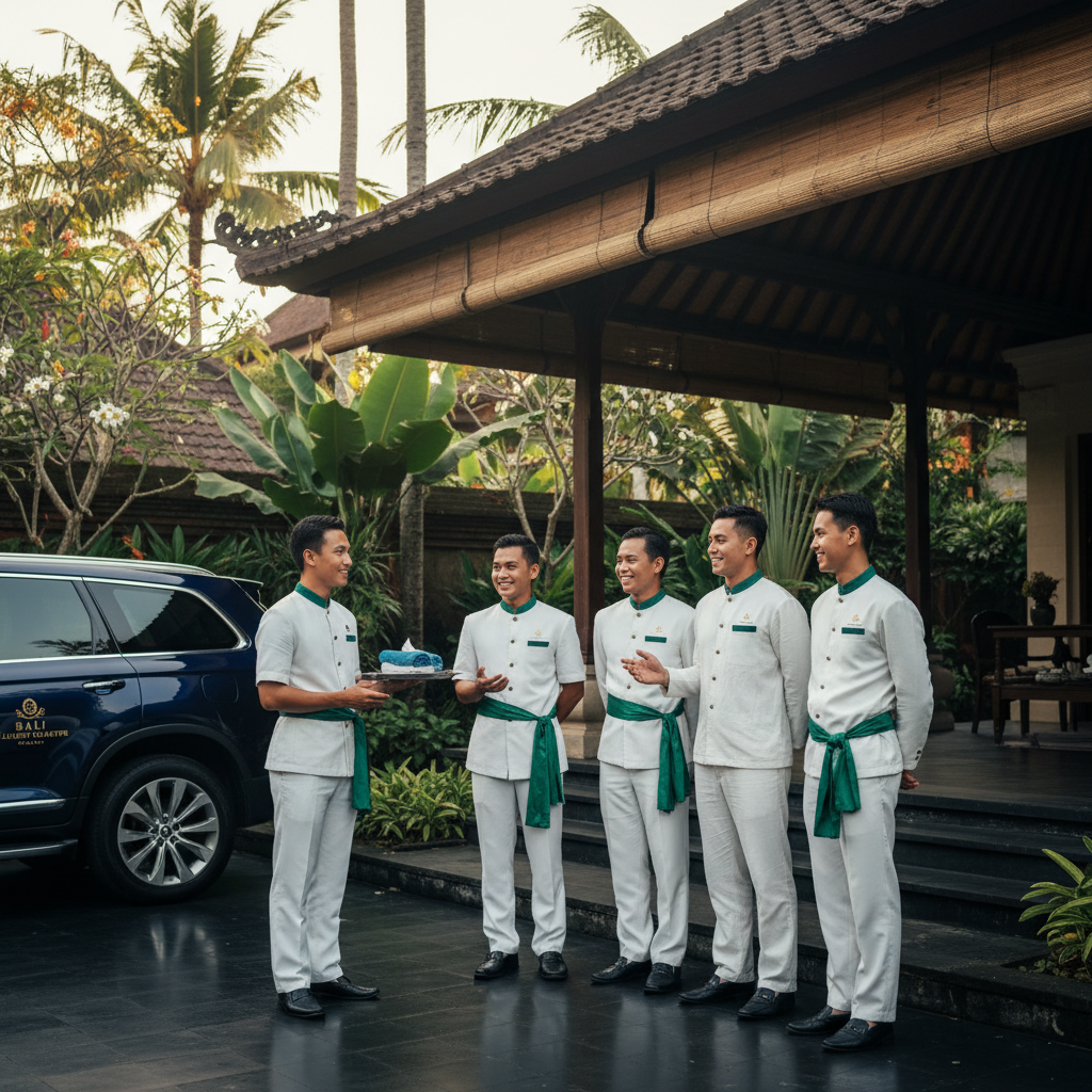 Bali luxury charter concierge staff welcome guests with refreshing towels by a premium SUV.