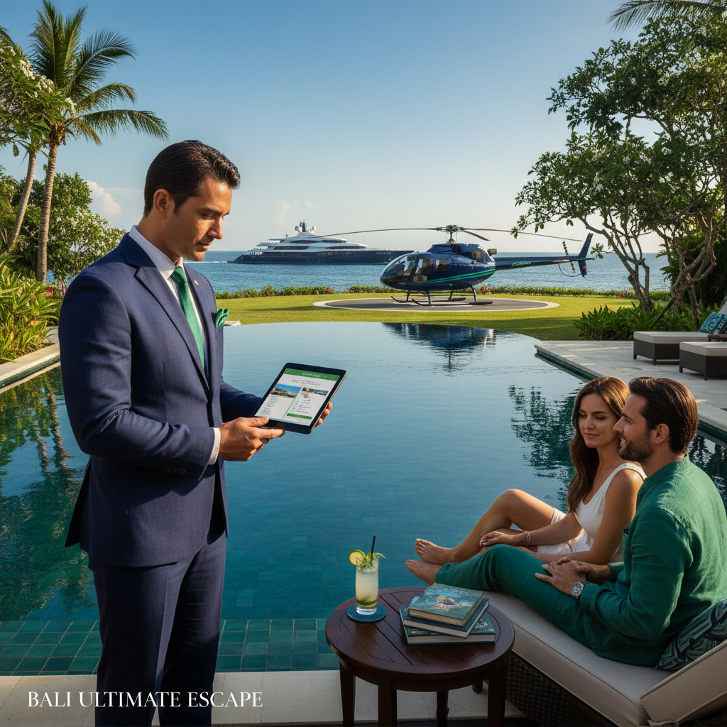 Concierge shows Bali luxury charter options to couple by pool, yacht, and helicopter.